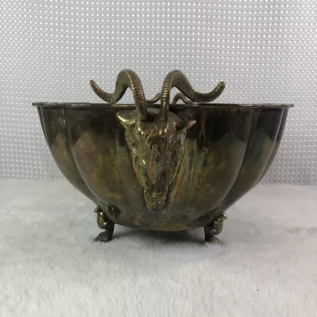 Vintage Brass Rams Head Handle Bowl Jardiniere Cachepot Scalloped Footed Legs