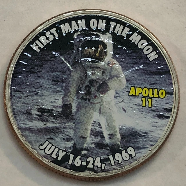 Colorized Kennedy half dollar.FIRST MAN ON MOON. JULY 16-24, 1969.APOLLO 11 #108