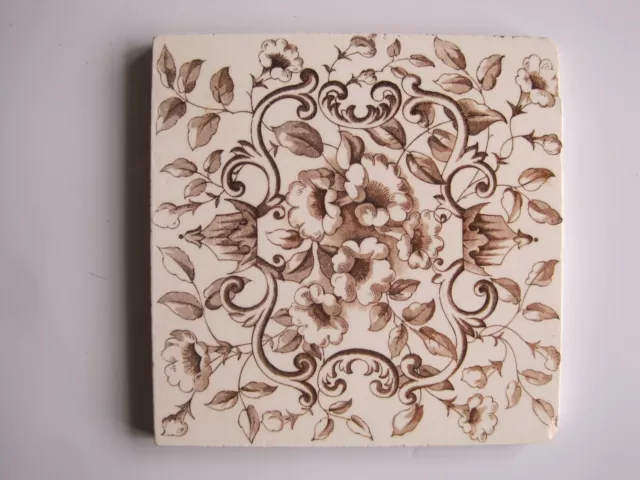 6" SQUARE ANTIQUE VICTORIAN TRANSFER PRINT FLORAL TILE - BROWN ON CREAM No.250