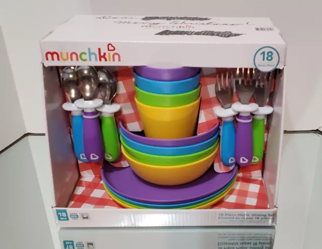 MUNCHKINS Childrens Multi Dining Set 18Pc 4 Plates 4 Bowls 4 Cups 6 Utensils