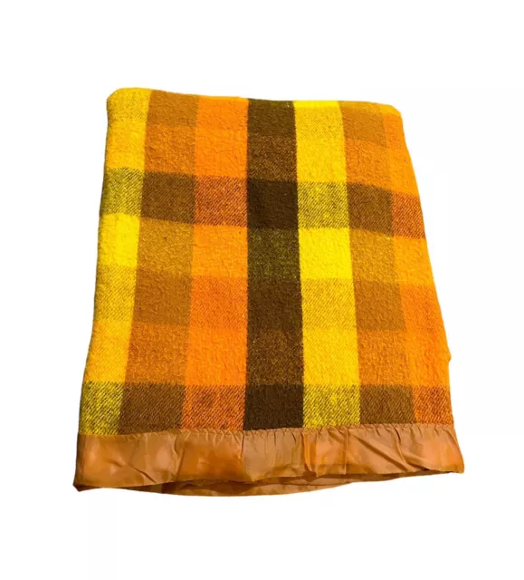 Vintage Plaid Acrylic Blanket Satin Trim Retro Cabin Lodge 69x89” *FLAWS* READ