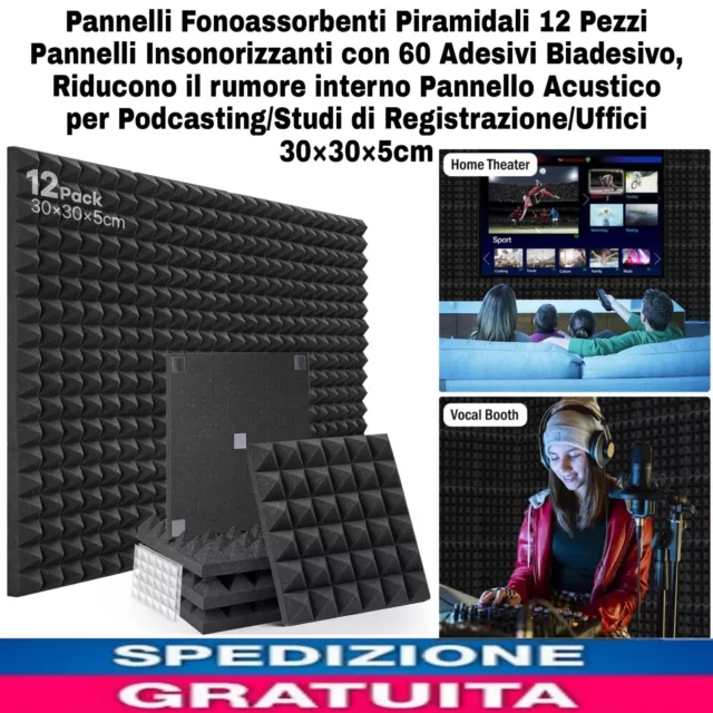 Pannelli Fonoassorbenti Piramidali 12pz Pannelli Insonorizzanti Con 60 Adesivi