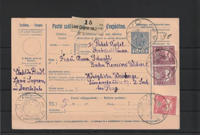 Ungarn Ganzsache Paketkarte + ZuF von Lövö (Sopron) nach Prag, 1916 #1103834