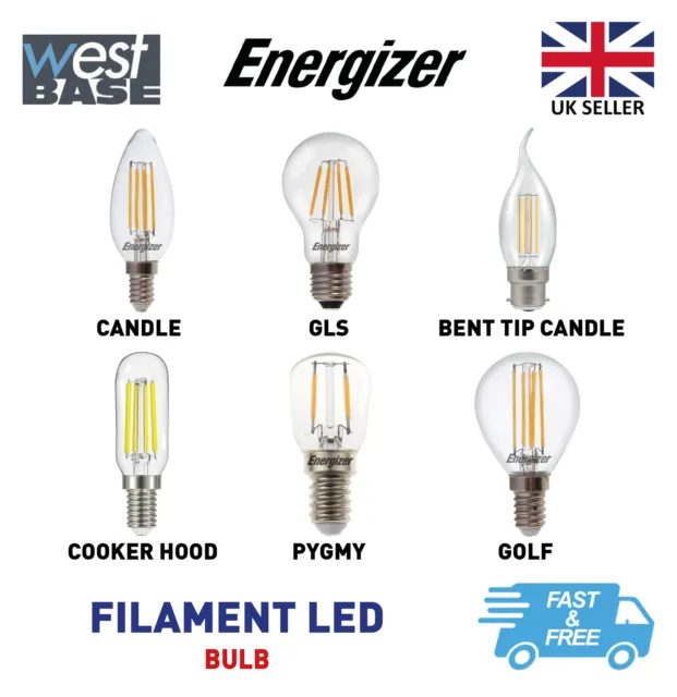 Energizer Filament LED Light Bulb B22 BC E14 SES E27 ES Candle Golf GLS Globe