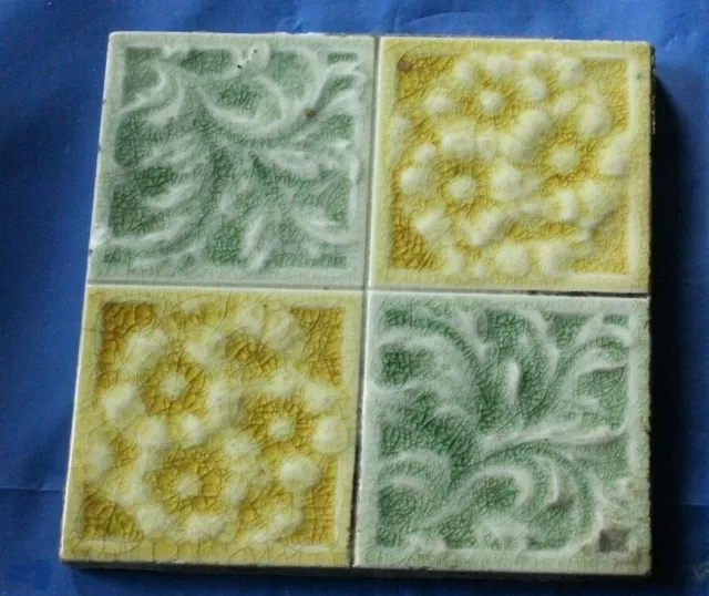 Art Nouveau English Raised Majolica Floral Design Tile Yellow And Celadon E