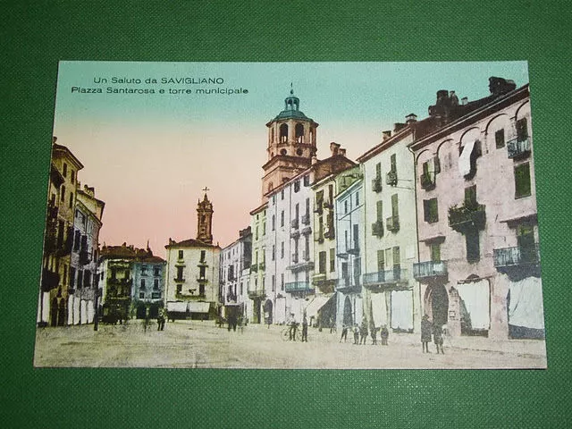 Cartolina Savigliano ( Cuneo ) - Piazza Santarosa e torre municipale 1915 ca