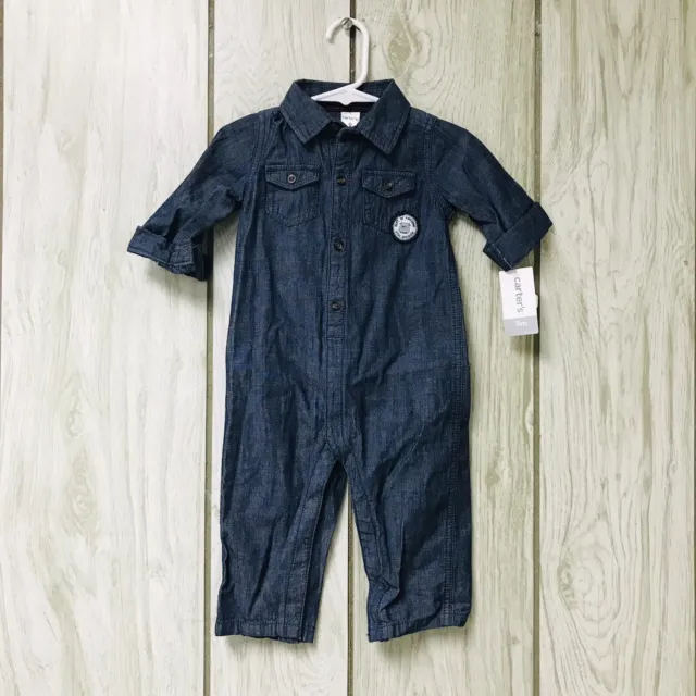 Carters Infant Baby Boy Girl Dept of Awesome Blue Chambray Jumpsuit 9 Months