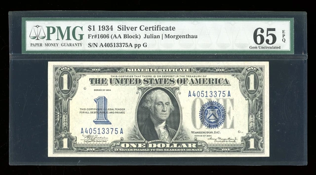 DBR 1934 $1 Silver Funnyback Gem Fr. 1606 AA Block PMG 65 EPQ Serial A40513375A