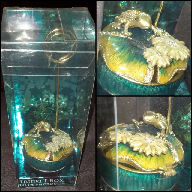 BHS Green frog small trinket box + 6" tall Photo clip, pretty gems jewelled leaf