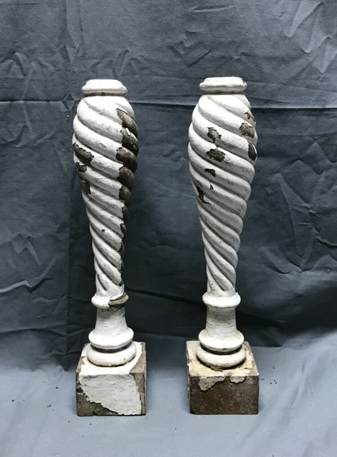 Pair 13" Turned Wood Shabby Twist Spindles Candle Stick Holders Old VTG 1746-22B