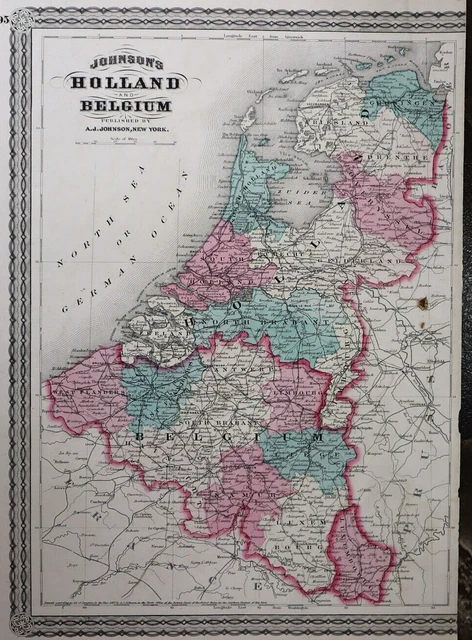 Authentic 1874 Johnson's Atlas Map ~ HOLLAND - BELGIUM ~ FreeS&H    Inv#61