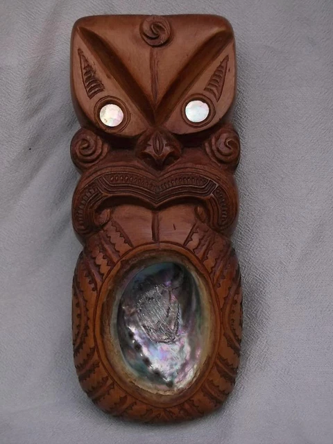 Fabulous Mid 20Th Century New Zealand Maori Tiki With Paua Shell Mouth . M2121