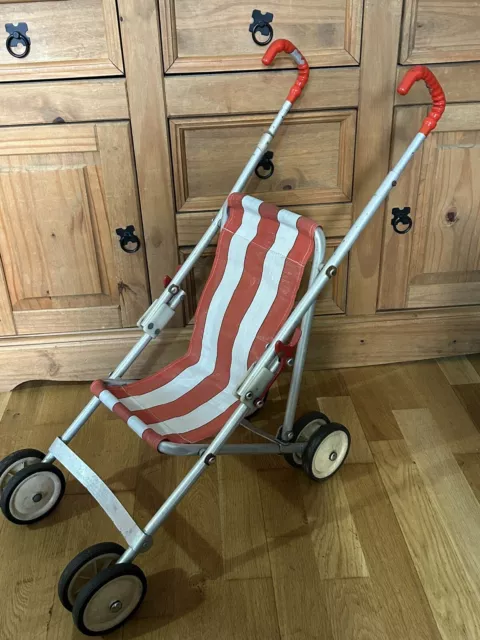 Vintage Maclaren Play Foldable Dolls Pushchair Pram Red & White Stripe Buggy