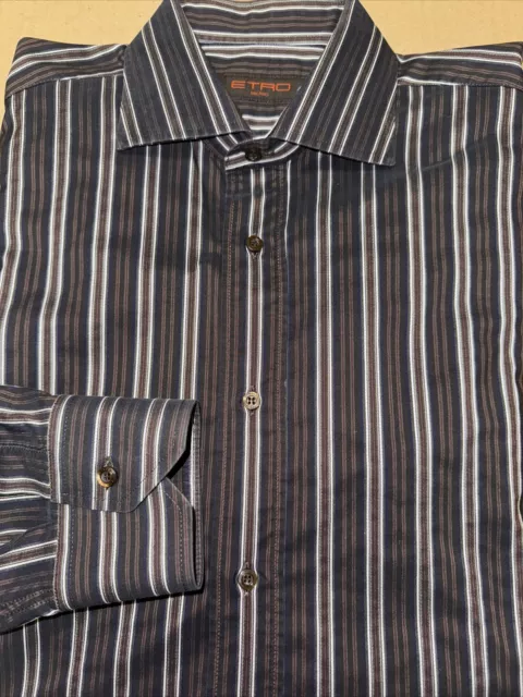 Etro Milano Men’s Dark Woven Multi-Stripe Cutaway Collar Classic Fit Shirt 16.5