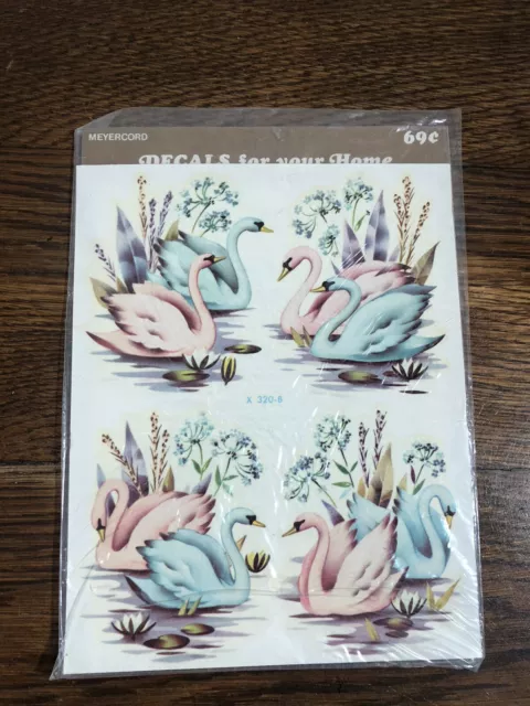 Nuevo paquete de 4 calcomanías vintage MEYERCORD rosa/azul cisne X320-B