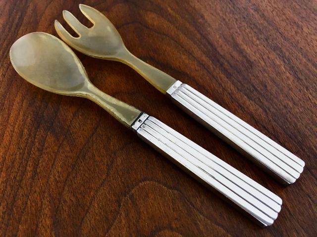 ~ Horquilla Y Cuchara Bebé Georg Jensen Denmark Plata Esterlina Y Cuerno Bernadotte Casi Nuevo