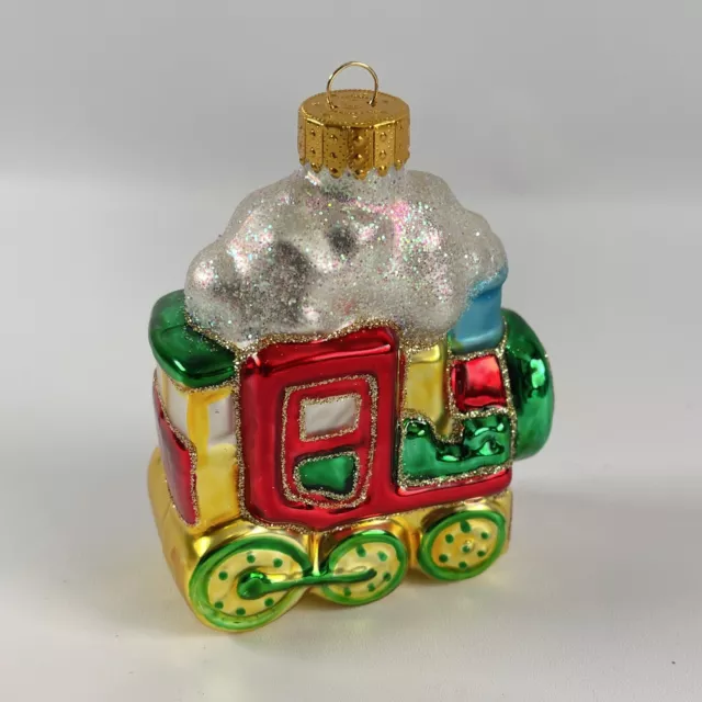 Train Engine LOCOMOTIVE Snow-covered Green Red Gold Glass Christmas Ornament