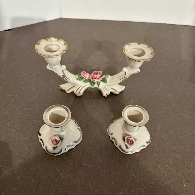 3 Vintage Dresden Porcelain Floral Candle Holders Pink Roses Gold And Silver
