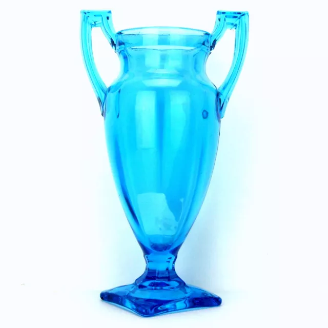 Tiffin Glass Urn Art Deco Vase Double Handled Optic Rib Aqua Blue 11"