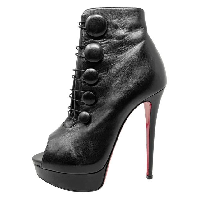 Christian Louboutin Lady Booton 150 Black Leather Peep Toe High Heel Ankle Boots