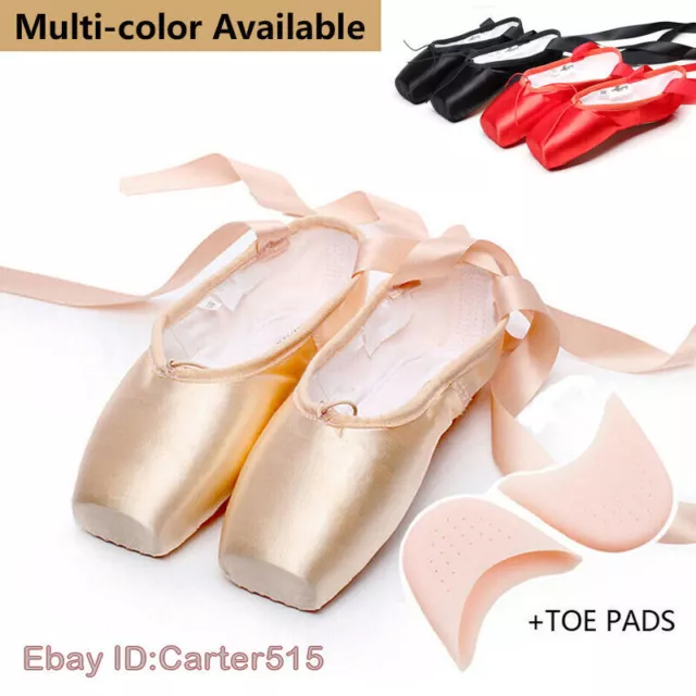 Women Pink Professional Pointe Ballet Dance Shoes Satin With Toe Pads Black HOT