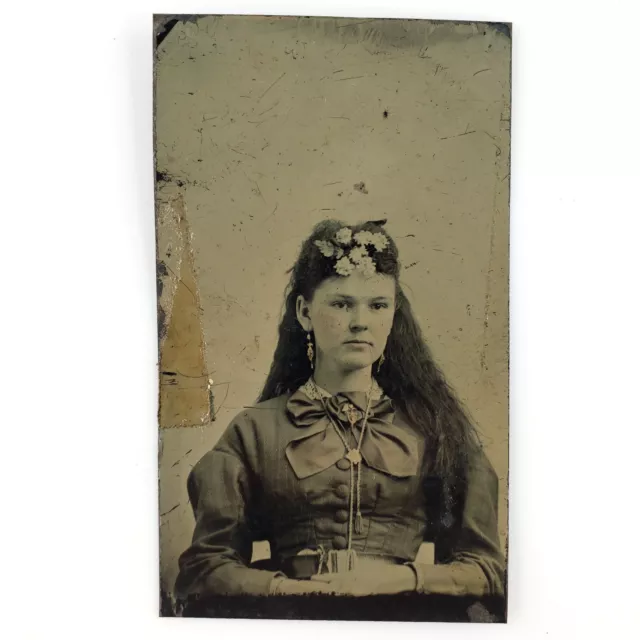 Beautiful Floral Hair Girl Tintype c1870 Antique 1/4 Plate Young Lady Art C1737