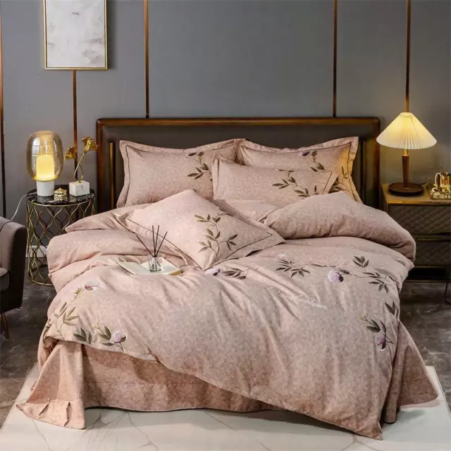 Elegant Simple Flower Leaf Embroidery Duvet Cover Sets Comfy Breathable Bedding