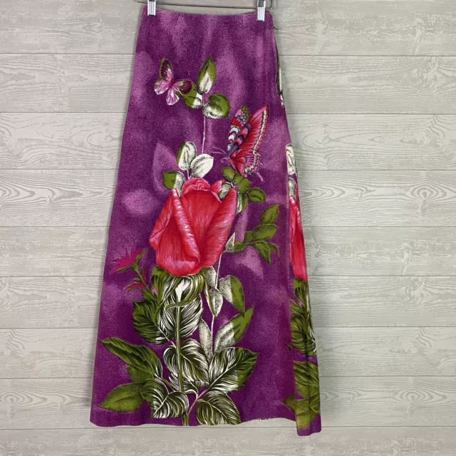 Vintage 60s 70s Maxi Skirt Bright Barkcloth Homemade Butterfly Print 23” Waist