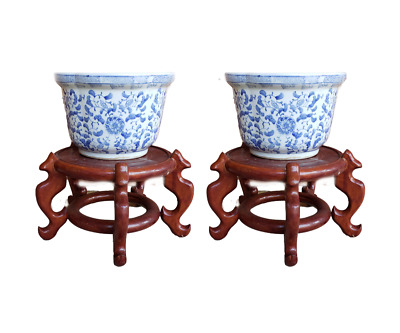 Pair VTG Blue and White Planter Stand Flower Jardiniere Chinese Chinoiserie Vase