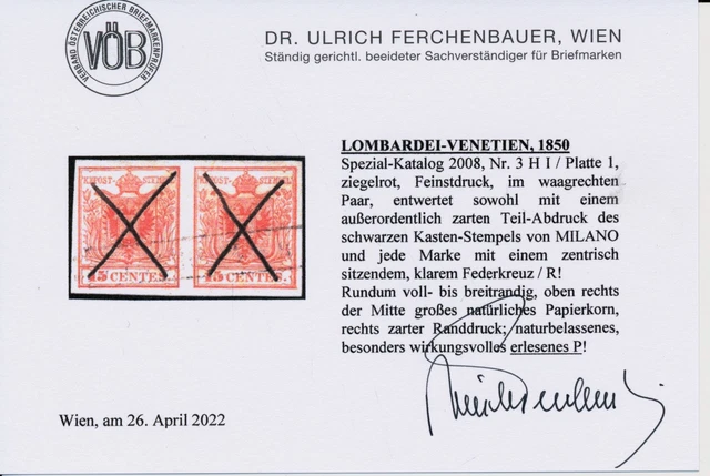 Lombardei-Venetien 1850 2*15C Paar! Ziegelrot! Feinstdruck! Federkreuz+Milano