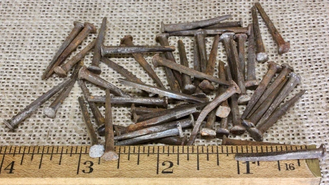 1 1/8” USED OLD NAILS 50 BRADS vintage 1850’s square rusty patina 3/16” head