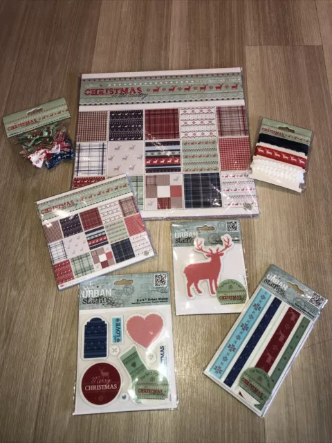 Docrafts Set Weihnachten  Papier Schleifen Bänder Stempel Karten Basteln