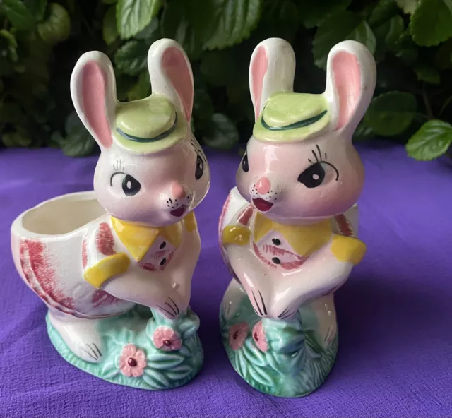 VTG Easter Bunny Rabbit 1950s/60s Pair Kitsch Ceramic Planter