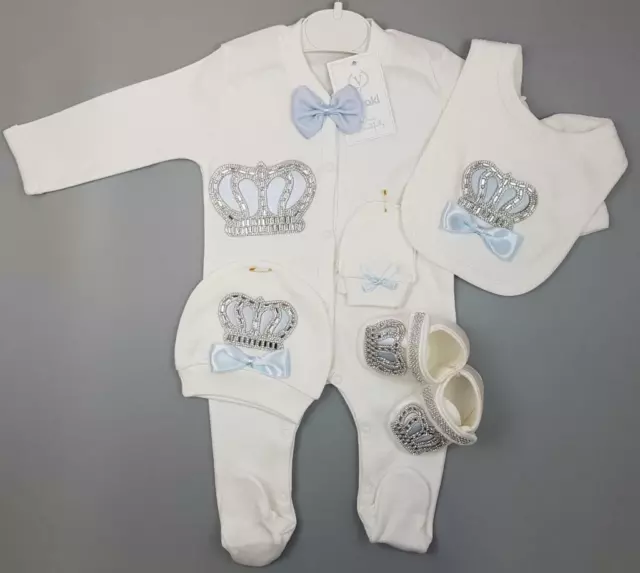 Baby Jungen ~ spanischer römischer Stil ~ Diamant Krone & Schleifen Layette Set ~ blau 2