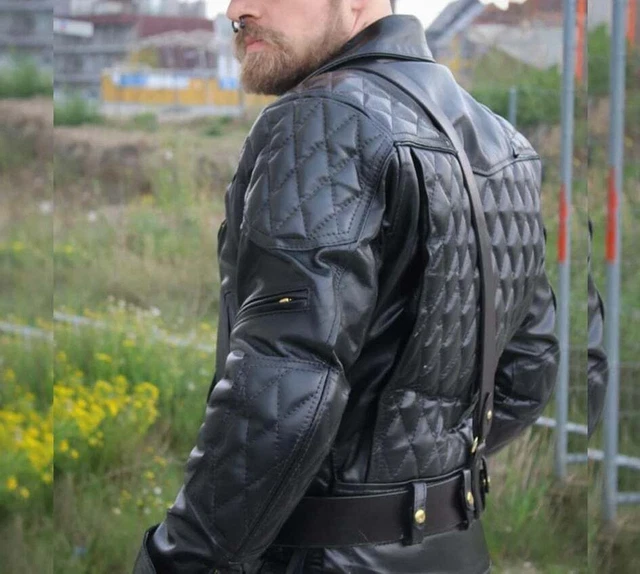 Men's Real Cow Leather Bikers Jacket Quilted Sleeve & Back Panels Biker Jacket