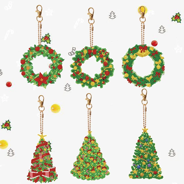 Double Sided Diamond Art Keychains Pendant Xmas Tree Special Shape 6PCS