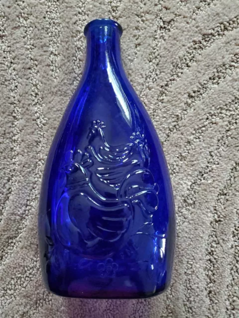 Vintage FNB Glass 1972 Season's Greeting 3 French Hen's Cobalt Blue Bottle