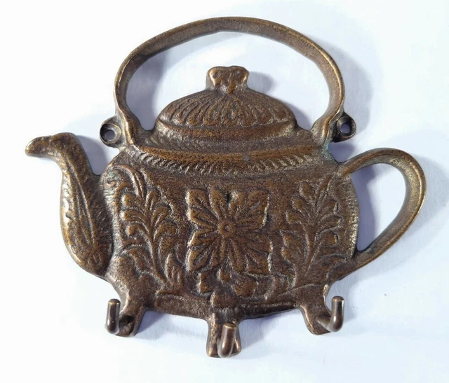 Brass Teapot Key Holdee / Kitchen Hook - 3 Hangers. 4.5" x 3.75" x 0.75"