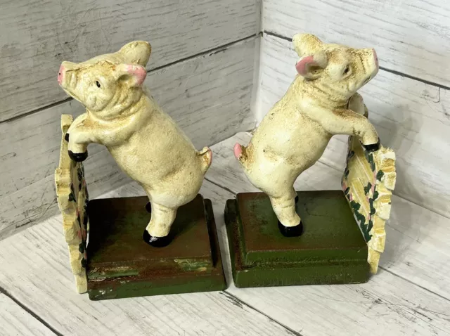 Old Vintage Pair of Cast Iron Pigs on a Fence Bookends/Door Stop EUC