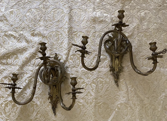 Antique Pair French Louis XV Style Bronze Brass Wall Sconces 3 Arm