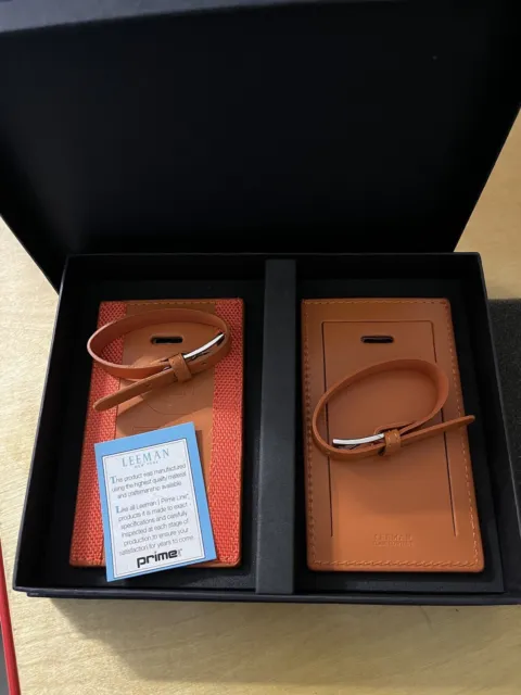 NEW Leeman Luggage Tags Gift Set.  Rugged Ilani Cowhide Leather w/Metal Buckle