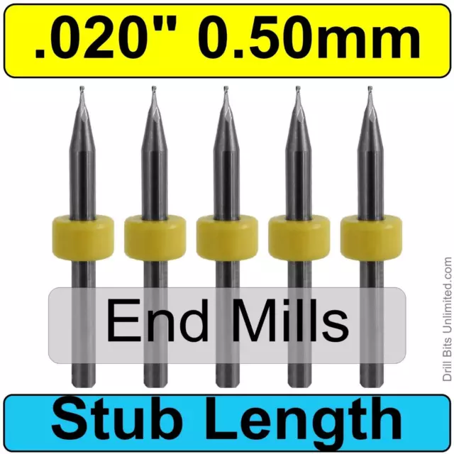 0.50mm .020" Stub Length End Mill FIVE PIECES Two Flute Solid Carbide Square End