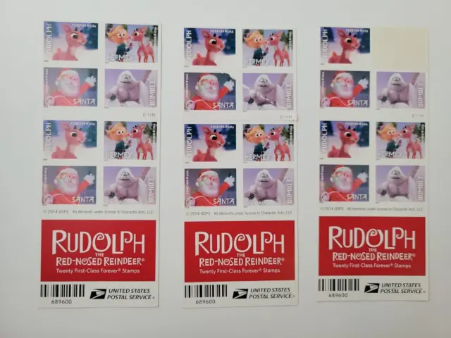 USPS 2014 Rudolph the Red Nosed Reindeer Forever Stamps, 3 books with 58 Stamps