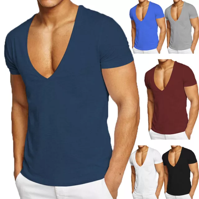 100% algodón para hombre manga corta cuello en V profundo calce ajustado ropa para club nocturno torso de oficina 2