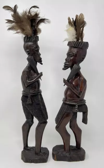 Old Antique African Tribal Hand Carved Wooden Figures Warrior Statues Feathers