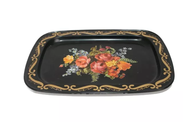 Miniature Vintage Tole Tray Black Floral Design 6.5" x 4.5" Trinket Keys Glasses