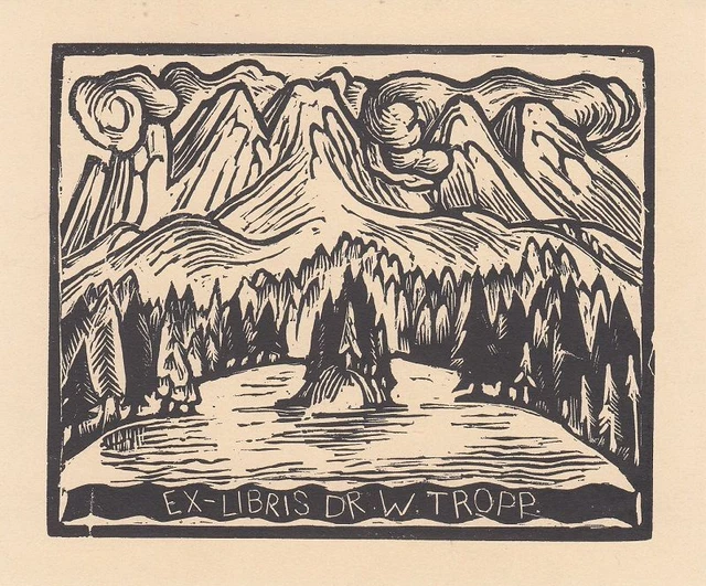 Exlibris Bookplate Holzschnitt Adolf Weber Scheld Berge See