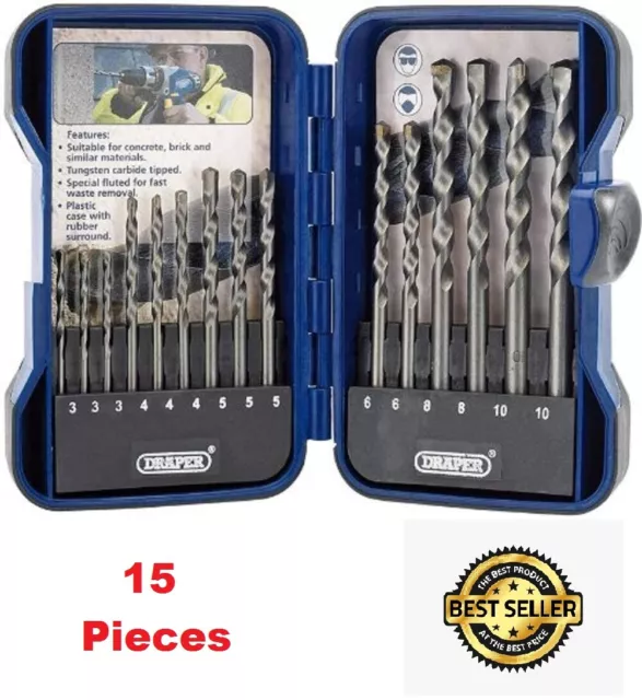 Professional Draper Masonry Drill Bit Set 15 PIECES Kit Heavy Duty Masonary Bits