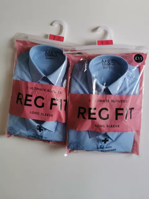 2x 2pk Girls' non Iron School Shirts, 4 blouses, blue long sleeve, age 8-9,12-13