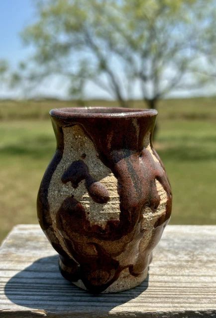 VINTAGE STUDIO ART Pottery Hand Thrown Stoneware Vase Brown Drip Glaze ...